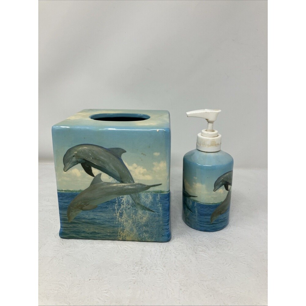 Ceramic Dolphin Bathroom Accessory Set 2pc Tissue Box Cover & Soap Dispenser